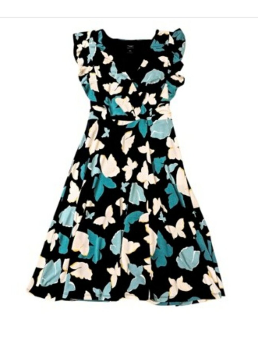 Ann Taylor Women's Knee Length Dress Size 8 Navy Blue Aqua Butterflies Ruffles